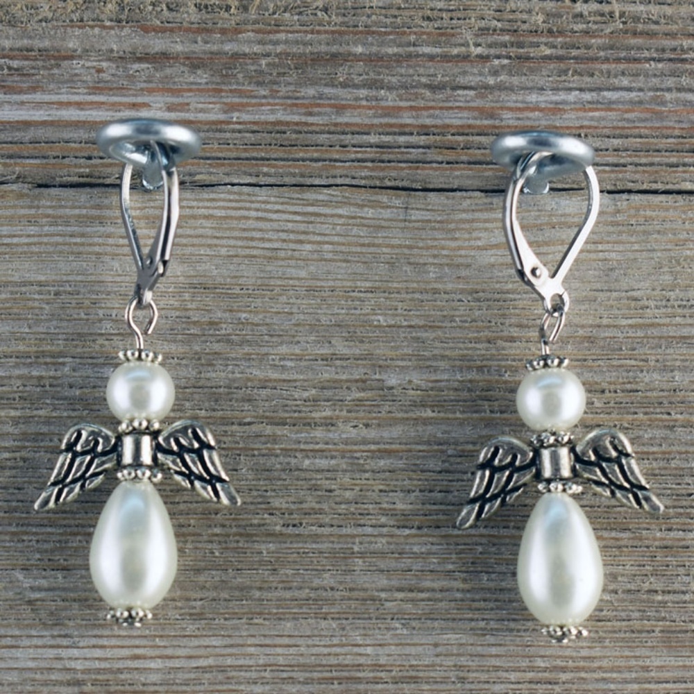 Faux Pearl Angel Stainless-Steel Earrings - Picture 2 of 2